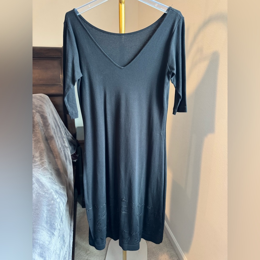 Vintage MC Squared 100% Cotton Midi Dress w/Beaded Embroidery - Black - Medium
